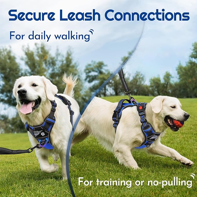 Eagloo Dog Harness for Large Dogs, Easy Wearing with 3 Buckles, Adjustable No Pull Pet Harness with 2 Rings for Walking, No Chock Reflective Soft Padded Vest with Control Handle, Blue & Black, XL