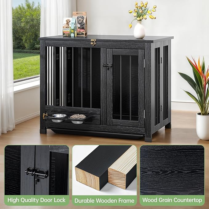 Dog Crate - 31.5" Wooden Dog Cage with Removable Tray & 360° Rotating Feeder | Decorative Dog Kennel Furniture Indoor | Multi-Functional End Table for Medium & Small Dogs | Black Portable Pet Crate