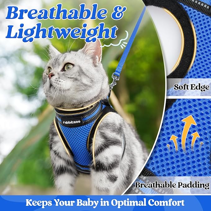rabbitgoo Cat Harness and Leash Set for Walking Escape Proof, Adjustable Soft Kittens Vest with Reflective Strip for Cats, Comfortable Outdoor Vest, Blue, S