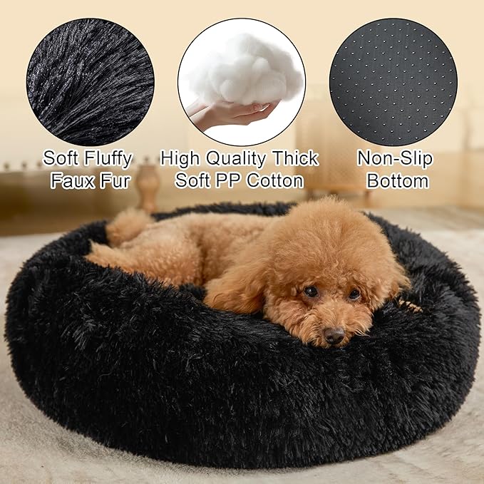 Dog Calming Beds for Small Medium Large Dogs - Round Donut Washable Puppy Dog Bed, Anti-Slip Faux Fur Fluffy Donut Cuddle Anxiety Cat Pet Bed(20" Black