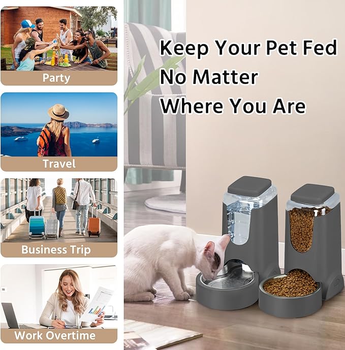 2 Pack Automatic Cat Feeder and Stainless Steel Water Dispenser, Gravity Dog Waterer Set Food Feeder and Waterer Set for Small Medium Kitten Puppy Pets(1 Gallon x 2, Charcoal Gray)