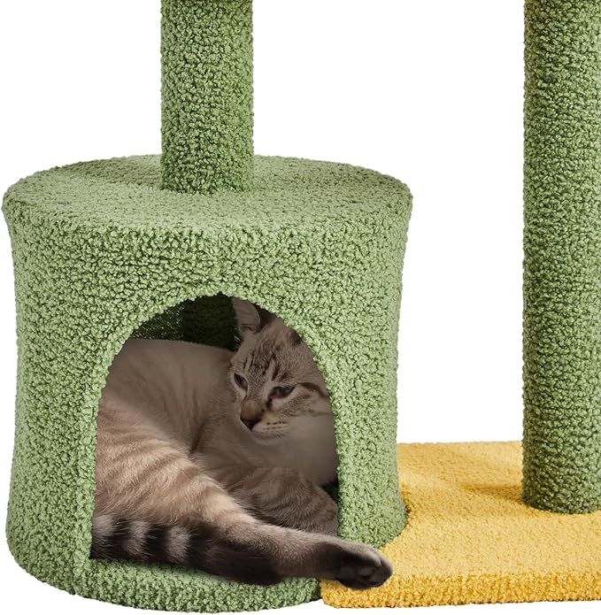 Yaheetech Cat Scratching Post, 37in Cute Coconut Palm Cat Scratcher w/Natural Sisal Rope, Coco Leaf, Dangling Pompom, Bending Perch, Cozy Condo Cat Scratching for Indoor Cats, Green/Yellow
