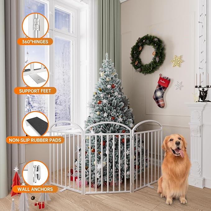 3 Panles Full Matel Freestanding Dog Gates with Door, 72"Extra Wide 32"Tall Free Standing Dog Pet Gate for Indoor & Outdoor. Foldable Pet Fences for Doorways, House, Stairs, Porch, Deck, Yard