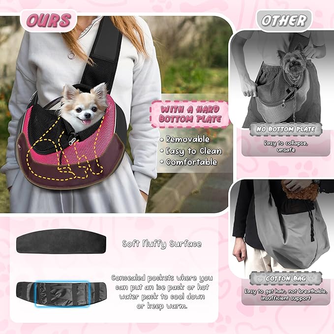 Upgraded Breathable Mesh Dog Sling Carrier for Small Dogs & Cats Up to 10lbs-Detachable Hard Bottom,Adjustable Strap & Large Pocket-Hands-Free Pet Carrier for Women Travel Walking Hiking (Pink Size M)