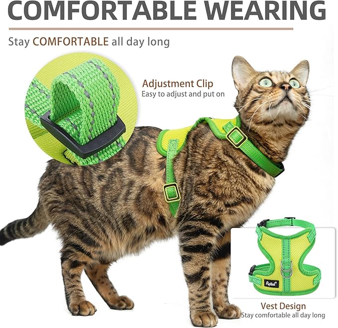 PUPTECK Cat Harness and Leash Set Escape Proof, Reflective Adjustable Soft Mesh Kitten Vest Harness for Walking Travel, Green, S