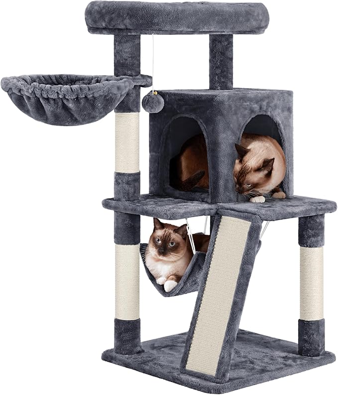 Yaheetech Cat Tree Tower, 40-Inch Condo with Hammock, Oversized Soft Platform, Scratching Board, Basket, Pet Beds & Furniture for Large Kittens, Dark Gray