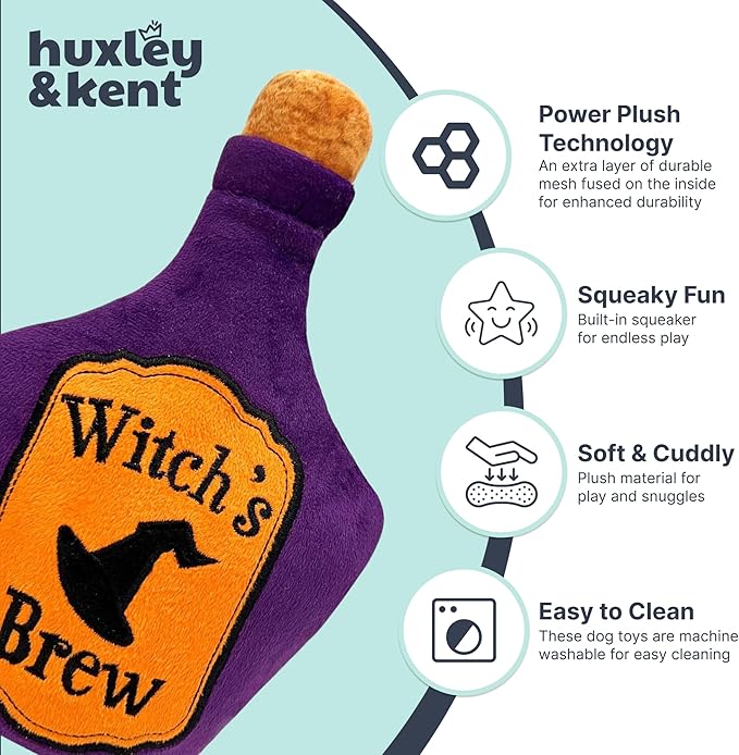 Huxley & Kent Halloween Funny Dog Toy w/Squeaker – Power Plush Squeaky Dog Toys for Small, Medium & Large Dogs – Soft Stuffed Animal for Indoor Play & Fetch - Witch's Brew, One Size
