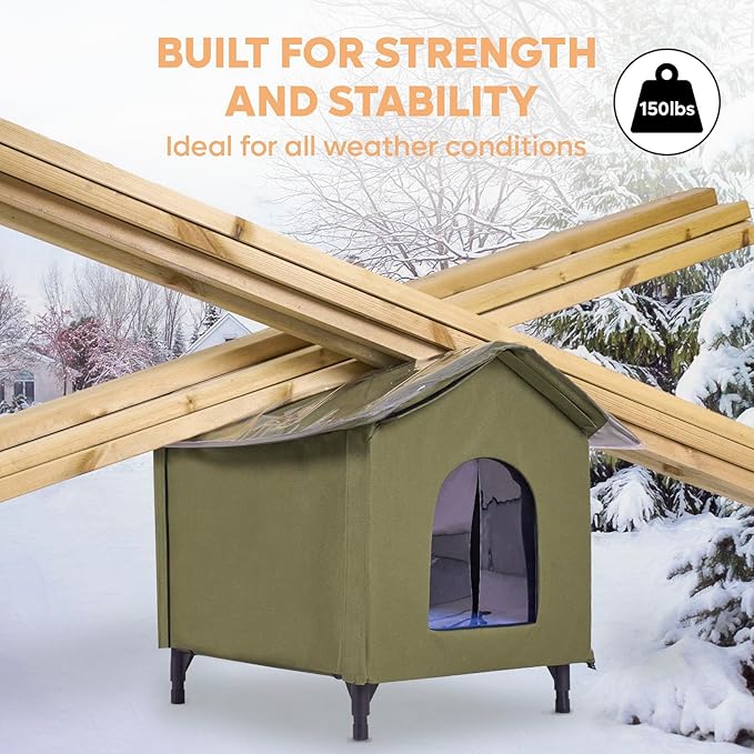 Large Heated Cat House for Outside, Insulated Weatherproof Outdoor Feral Cat House with Timer & Adjustable Temperature Heater Pad, Elevated Pet House with Escape Door for Winter, Barn, Porch