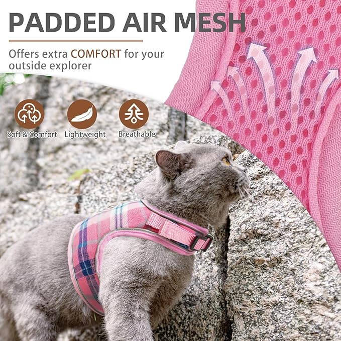 PUPTECK Soft Mesh Cat Vest Harness and Leash Set Puppy Padded Pet Harnesses Escape Proof for Cats Small Dogs Rabbits Bunny, Plaid Pink, L