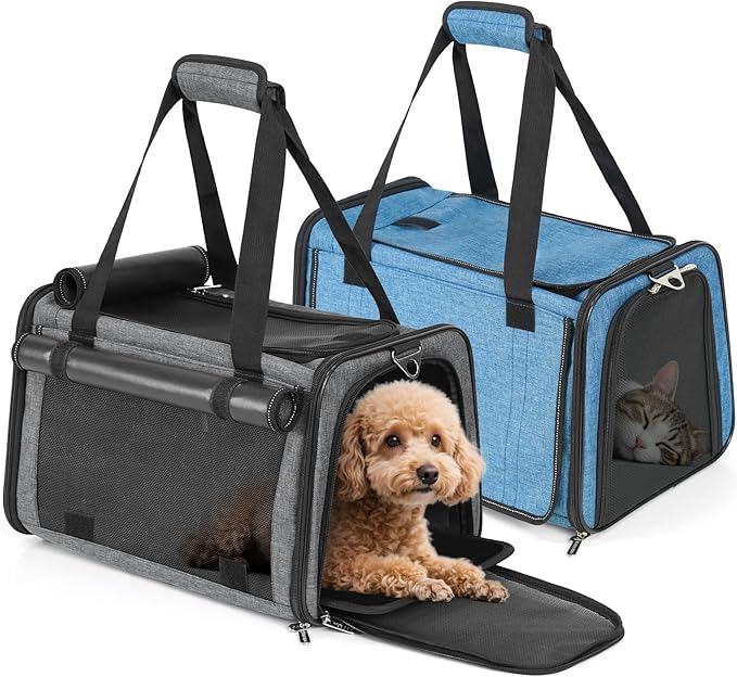 YUDODO 2 Packs 25 lbs Lightproof Soft Sided Pet Carrier for Large Cat & Small Dog Airline Approved Travel Bag Puppy Carriers with Side Pockets & Reflective Mesh, Foldable Portable Lake Blue+Grey Green