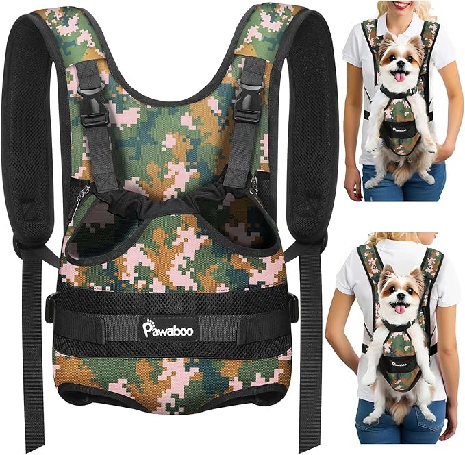 Pawaboo Pet Dog Front Carrier Backpacks, Legs Out Pet Carrier Backpack for Dogs, Adjustable Easy-fit Dog Chest Carriers for Small Medium Dogs Hands Free for Travel Hiking Cycling Camping, M, Camo
