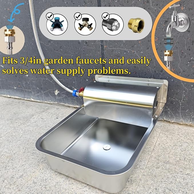 11L Automatic Dog Water Dispenser, 304 Stainless Steel with Water Valve Switcher and 3/4'' Brass Adapter, with Drain Hole for Dog, Cat, Alpaca, Chickens, Livestock