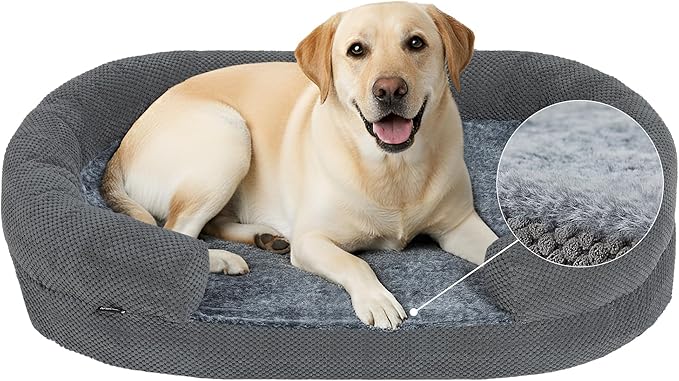 Orthopedic Dog Bed for Extra Large Dogs, Extra-Thick 3.6" Foam Fluffy Fur Sofa with Comfortable Sides, Soft and Big Dog Couch Bed with Washable Removable Cover and Non-Slip Oval Bottom, Grey