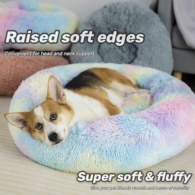 Anti Anxiety Round Fluffy Plush Faux Fur Warm Washable Dog Bed & Cat Bed, Original Bed for Small Medium Large Pets,Used to Relieve Joints and Improve Sleep（20"/24"/27''） (20", Rainbow)