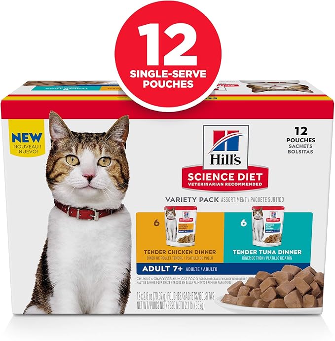 Hill's Science Diet Adult 7+, Senior Adult 7+ Premium Nutrition, Wet Cat Food, Variety Pack: Chicken; Tuna Stew, 2.8 oz Pouch Variety Pack, Case of 12
