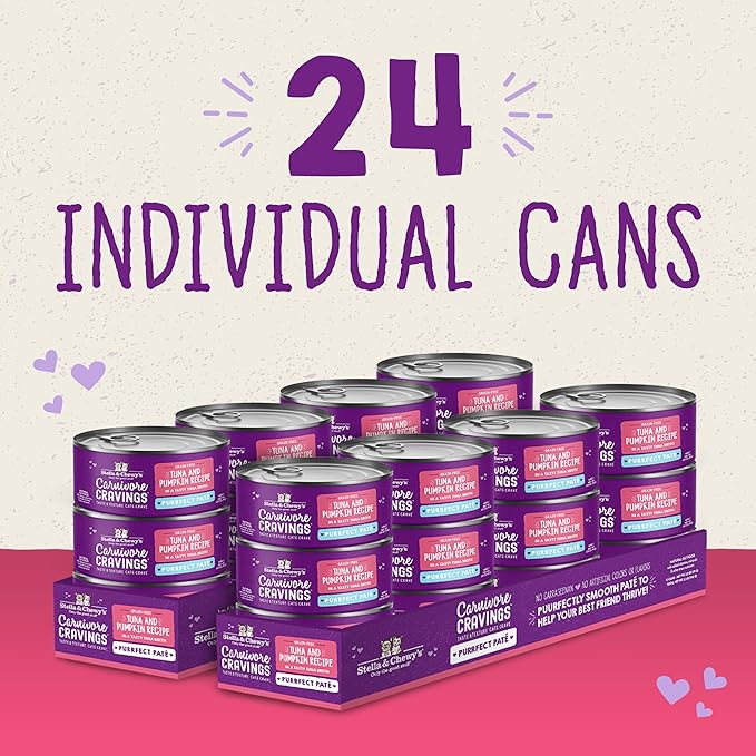 Stella & Chewy's Carnivore Cravings Purrfect Paté - Premium Grain-Free Wet Cat Food - Tuna & Pumpkin Recipe - High Protein with Bone Broth - Perfect for Picky Eaters - 5.2oz Cans (24 Pack)