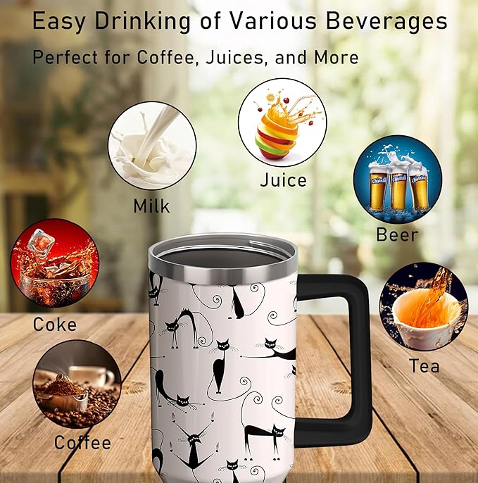 40oz Cute Cat Tumbler with Handle and Straw, Stainless Steel Insulated Cup with Lid, Travel Coffee Mug Water Bottle, Birthday Mothers Day Gifts for Women Men Animal Lovers