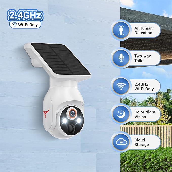 1080p Security Camera Wireless with Solar Panel, 2.4G WiFi Only, AI Human Detection, 2-Way Audio, Color Night Vision, Indoor/Outdoor Surveillance Bullet Cam, Cloud Storage (Sold Separately)