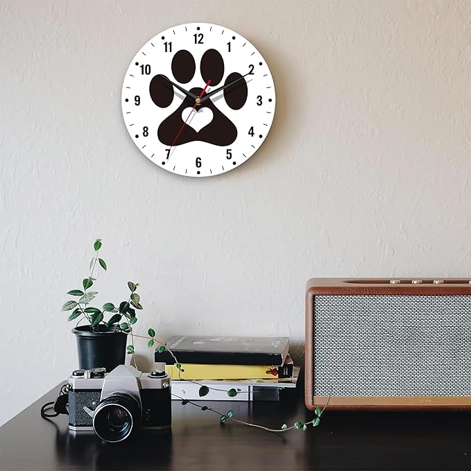 SPUNKER Clock for Bedroom,Black Cat Dog Paw Print Wall Clock Battery Operated 10 Inch,Cute Love Round Clock Silent Non-Ticking Wall Decor for Farmhouse Office Home School Living Room Bedroom