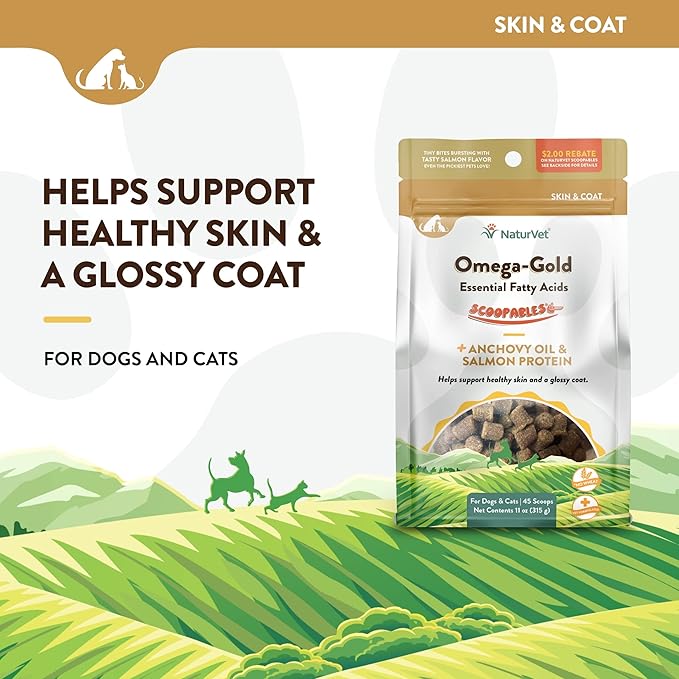 NaturVet Scoopables Omega-Gold Anchovy Oil & Salmon Supplement For Dogs and Cats - Supports Healthy Skin & Coat Plus DHA, EPA, Omega-3, & Omega-6 - Anchovy & Salmon Flavored For Dog and Cat | 11oz Bag