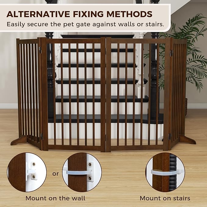 36" H Freestanding Pet Gate, Solid Wood Foldable Dog Gate with Support Feet, Wooden Tall Dog Gate for Doorway, Stairs & Indoor Use, 60" Wide Expandable Pet Fence, 4 Panels, Walnut