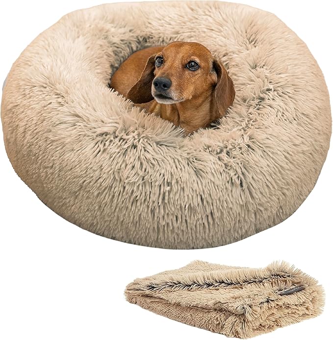 Best Friends by Sheri Bundle Set The Original Calming Shag Donut Cuddler Cat and Dog Bed + Pet Throw Blanket, Taupe, Small, 23x23