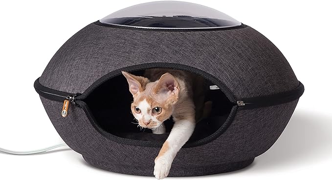 K&H Pet Products Thermo Lookout Pod Indoor Heated Cat Bed for Large Cats, Heated Cat Cave, Thermal Cat Mat Hideaway for Small or Large Cats and Kittens - Classy Gray 22 Inches