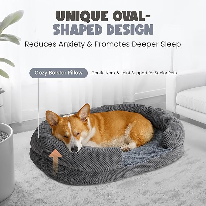 Orthopedic Dog Bed for Medium Dogs, 35" Oval Couch Bed with Sides and Soft Egg Crate Foam, Calming Washable Pet Bed with Anti-Slip Bottom, Durable Cuddler for Sleeping, Grey (35")