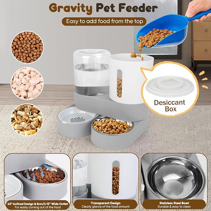 2 in 1 Automatic Dog Feeder and Water Dispenser,All-in-One Gravity 2.6L Pet Waterer, 2.4L Pet Feeder for Small Medium Cats Dogs