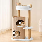Modern Cat Tree for Indoor Cats, 36in H Cat Condo Tower with Scratching Posts, Cozy Cat Bed Cave, Washable Cushions, Dangling Balls, Play & Nap Structure for All Breeds of Cats, Brown & White