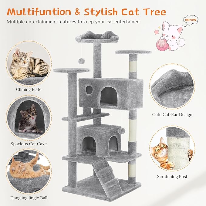 Sweetcrispy 54 Inch Cat Tree Tower, Multi-Level with Cat Scratching Post, Indoor Cat Condo with Climbing Ladder, Plush Toy, Play House for Cat, Light Grey