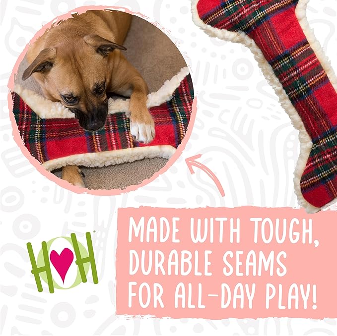 HuggleHounds Tartan Tidings Plush Bone Dog Toy - Dog Fuzzy Bone Toy, Soft Fleece, Durable, Stuffed Plush for Large Breeds, Puppies, Faux Sheepskin - 12" (1 Pack)