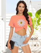 Womens Summer Crop Tops Short Sleeve Round Neck T-Shirts Loose Fit Casual Blouse