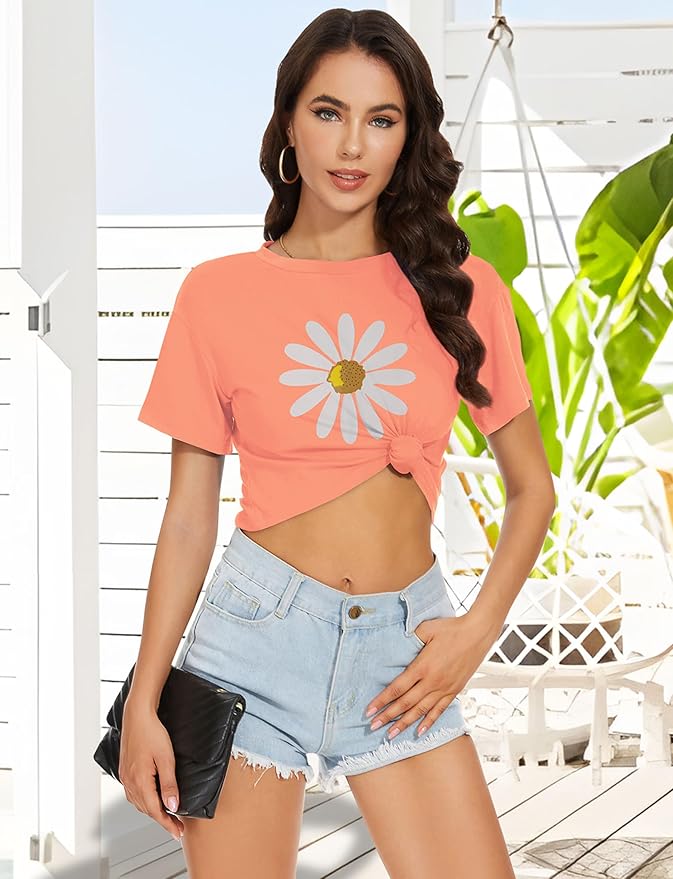 Womens Summer Crop Tops Short Sleeve Round Neck T-Shirts Loose Fit Casual Blouse