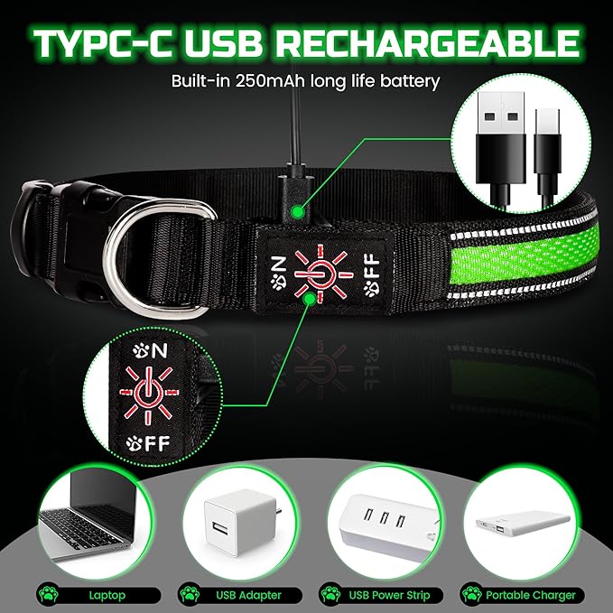 Light Up Dog Collar Rechargeable, LED Glow Collar in Dark with 3 Flash Mode for Outdoor Night Walking Visible Safe, Adjustable Waterproof Dog Light for Small Medium Large Breed, Green, M
