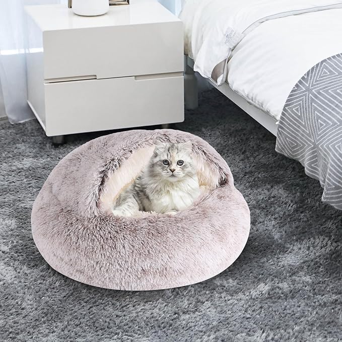 Round Hooded Cat Bed & Dog Bed with Cover Cave, Dog Bed for Small Dogs, Faux Fur Cuddler Round Coved Cat Bed Self Warming Donut Dog Bed Fits up to 22 lbs Pets(Coffee, 24inch x 24inch)