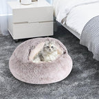 Round Hooded Cat Bed & Dog Bed with Cover Cave, Dog Bed for Small Dogs, Faux Fur Cuddler Round Coved Cat Bed Self Warming Donut Dog Bed Fits up to 22 lbs Pets(Coffee, 24inch x 24inch)