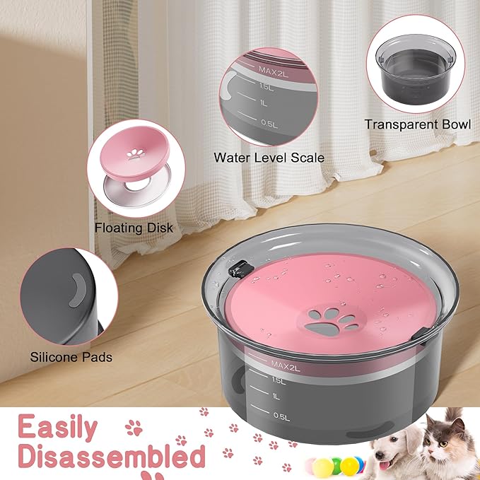 2L Dog Water Bowl Large Capacity Slow Water Feeder, No Spill Dog Bowl Splash Proof Pet Water Dispenser,Vehicle Carried Travel Water Floating Bowl for Dogs/Cats/Pets (Pink)