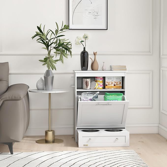 PawHut Dog Feeding Station with Raised Bowls & Storage Cabinet, Pet Feeder Cabinet Container with Hanger for Feeding & Watering Supplies, Dog Food Organizer, White