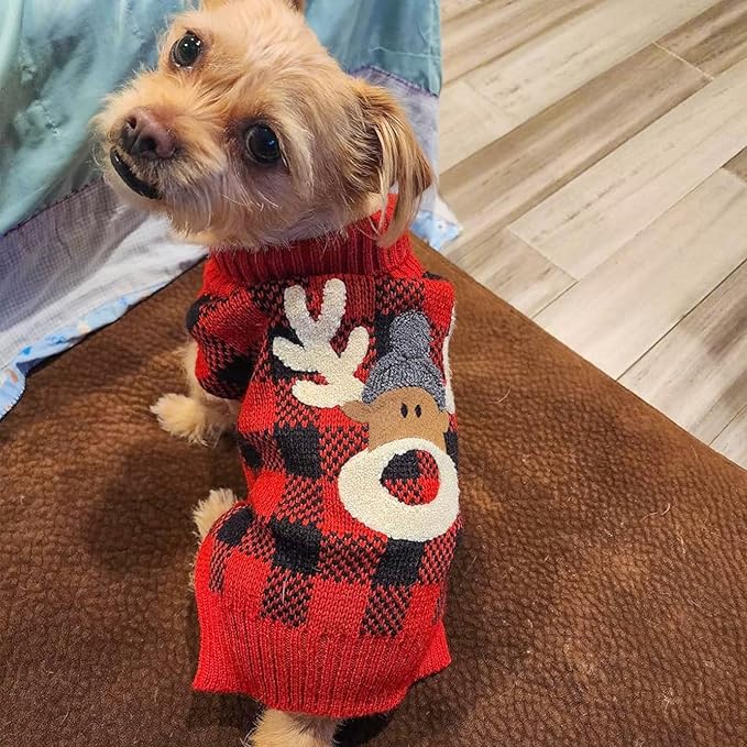 KYEESE Dog Christmas Sweater Reindeer Small Dogs Christmas Sweater Red Buffalo Check with Leash Hole Pet Sweater with Dog Christmas Outfit Pet Clothes,M