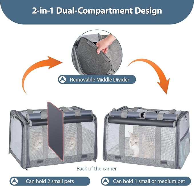 Cat Carrier for 2 Cats – Large Soft-Sided Pet Travel Carrier, Dual Compartments, Privacy Protection, Dog Carrier for Small/Medium Dogs, Home & Outdoor Use