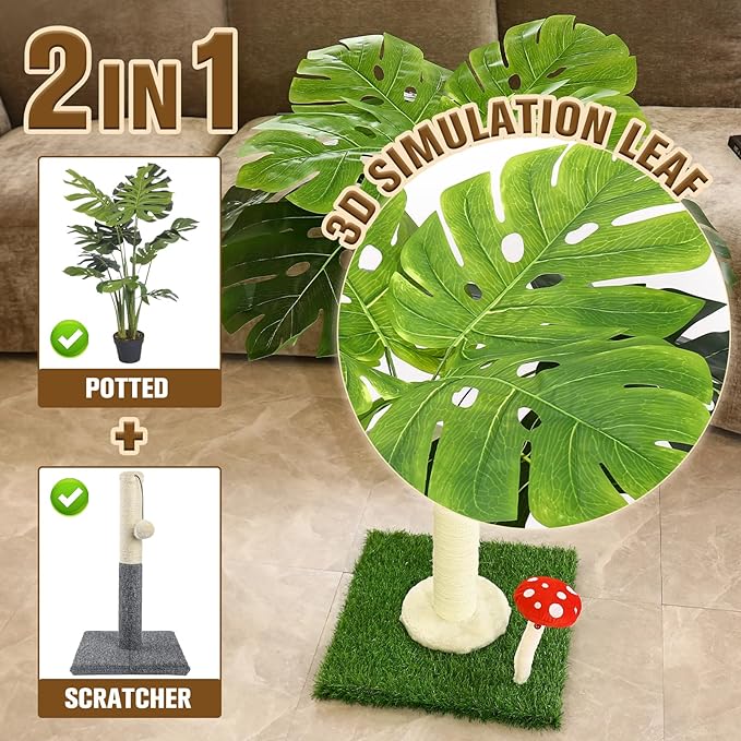 SHUNY Cat Scratching Post,35 Inch Tall Cat Scratching Posts for Indoor Cats,Nature Sisal Cat Scratcher Post with Hanghing Ball,Palm Tree Cat Scratch Post for Indoor Adult Cats and Kittens