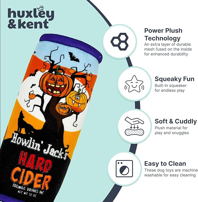 Huxley & Kent Halloween Funny Dog Toy w/Squeaker – Power Plush Squeaky Dog Toys for Small, Medium & Large Dogs – Soft Stuffed Animal for Indoor Play & Fetch - Howlin' Jacks Hard Cider, One Size