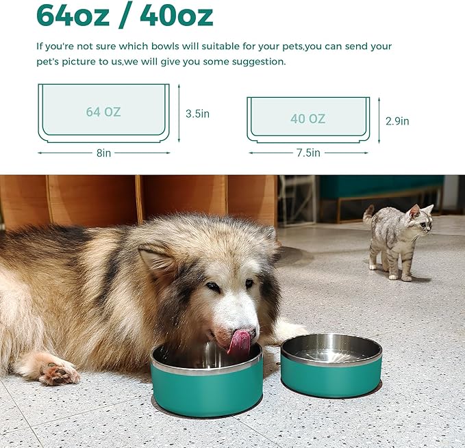 LIHONG Stainless Steel Dog Bowls for Large Dogs,Dog Food Water Bowls with Non Slip Rubber Bottom,Pet Feeding Bowl,Double Wall Insulated,Rustproof(64oz,Deep Green)