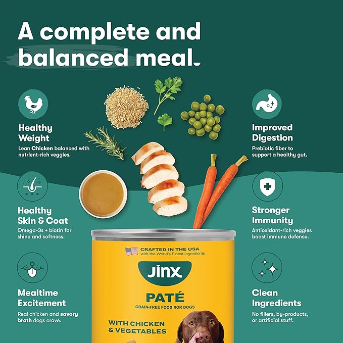Jinx Premium Wet Dog Food Cans - Chicken & Vegetables Pate - Grain-Free Canned Dog Food Pate & Topper with Real Ingredients & No Fillers - All Life Stages, Breeds & Sizes - 12-Pack, 13 Oz