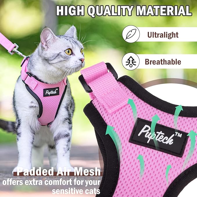 PUPTECK Cat Harness and Leash Set Escape Proof for Walking, Breathable Mash Vest Adjustable Harness for Cats Puppy Small Animals, Reflective at Night, Pink Medium