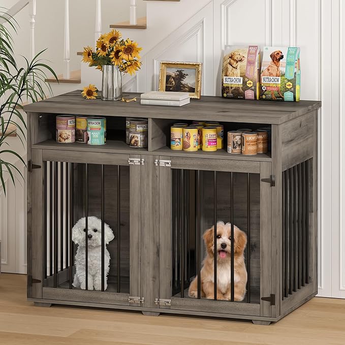 Furniture Dog Crate for Two Dogs, 41 Inch Furniture Style Dog Kennel with Removable Divider and Thickened Desktop, Heavy-Duty Base for Small to Medium Dogs, Grey