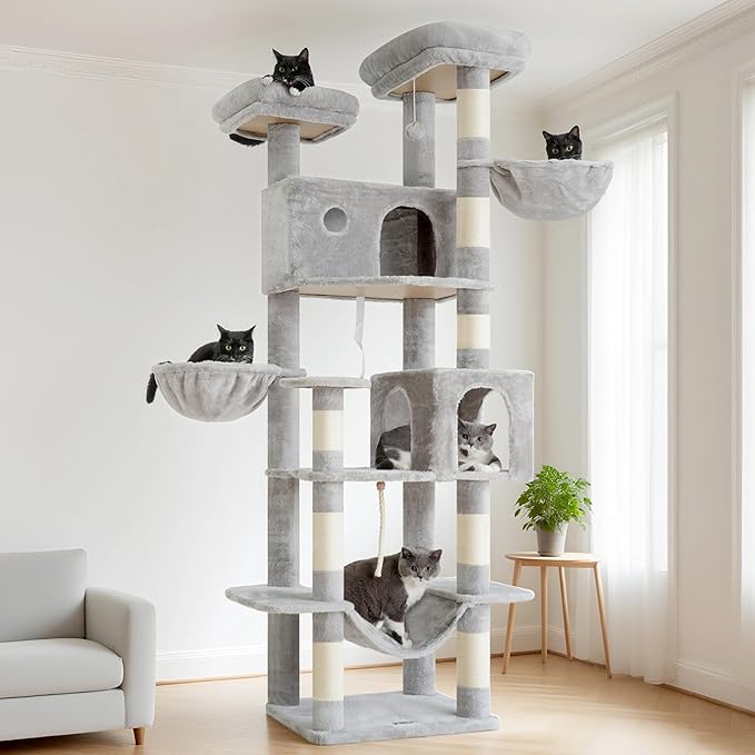 80.7''(205cm) Cat Tree for Indoor Cats, Large Cat Tower for Multi Adult Cats, Cat Tree House with Big Hammock, 2 Top Perches/Cat Condos/Baskets, 8 Scratching Posts, Light Gray GCT034W