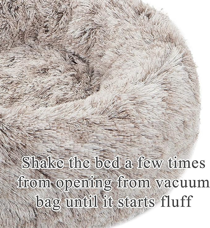 Calming Donut Dog Bed Large, Plush Round Cuddler Dog & Cat Bed, Anit-Anxiety Marshmellow Fluffy Faux Fur Cushion(28", Brown)