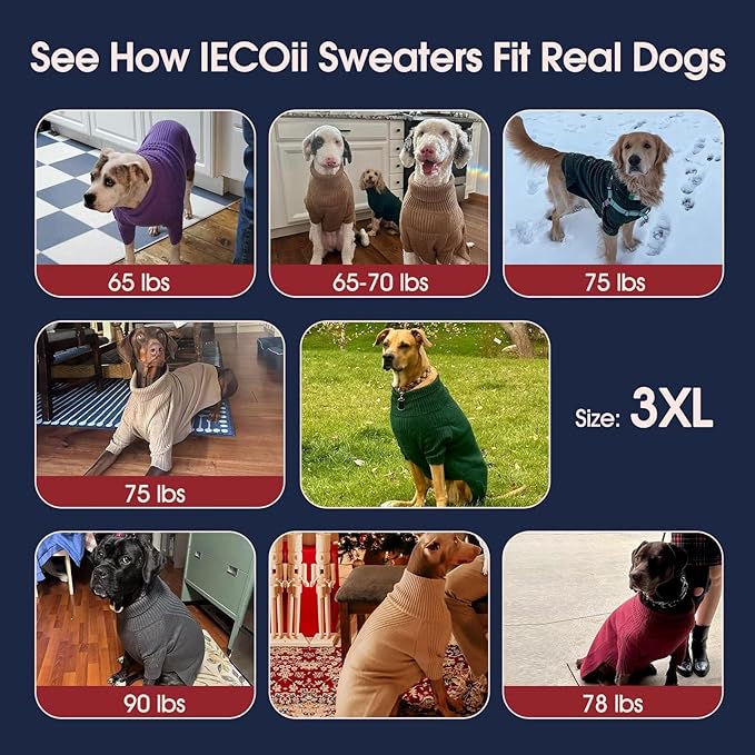 IECOii XXXL Dog Sweater,Warm Dog Sweaters for Extra Large Dogs Girl Boy,Stretchy & Cozy,Turtleneck Knitted Pullover for Pet Wear On Holiday,Easy On Doggy Sweatshirt for Labrador (Light Grey,XXXL)